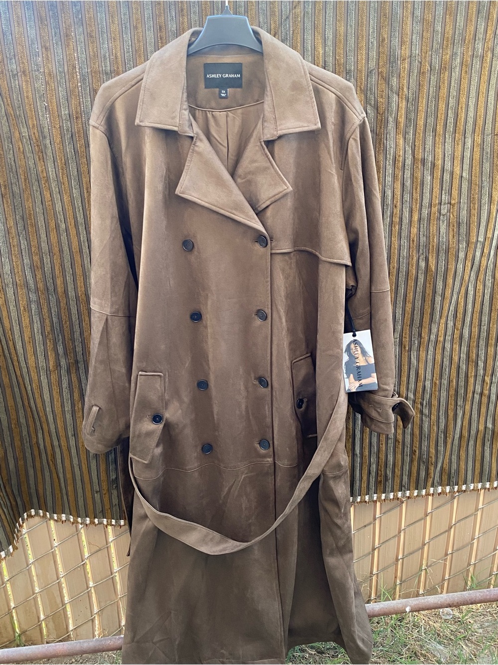 Ashley Graham Vintage-Inspired Brown Suede Double-Breasted Trench